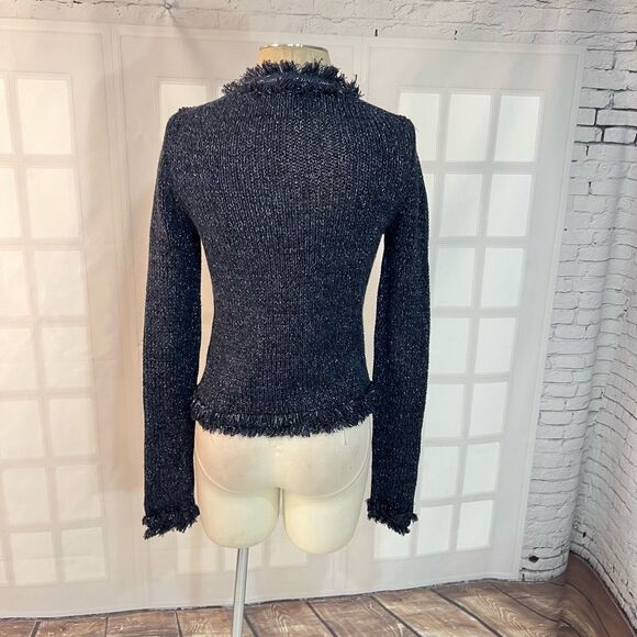 Express Navy Silver Metallic Hints Frayed Knit Long Sleeve Sweater Size Small - Picture 5 of 10